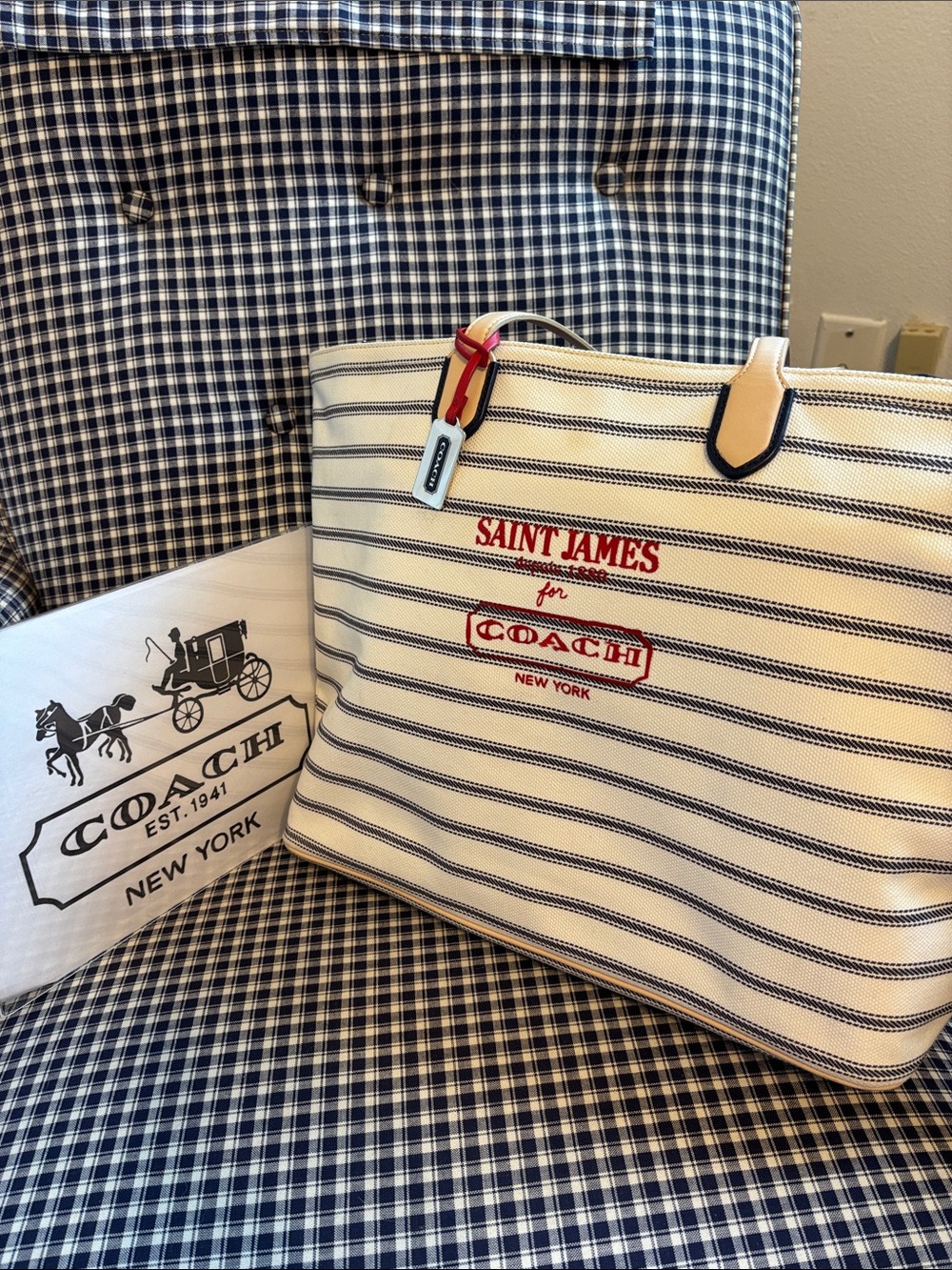 Coach Striped Canvas Tote in Cream and Navy with Red Logo